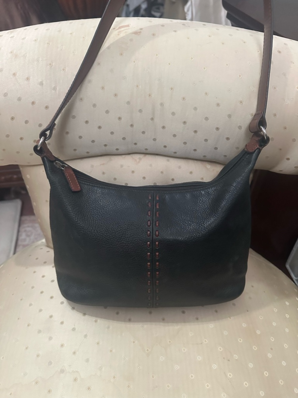Fossil Black Pebbled Leather Shoulder Bag with Brown Trim